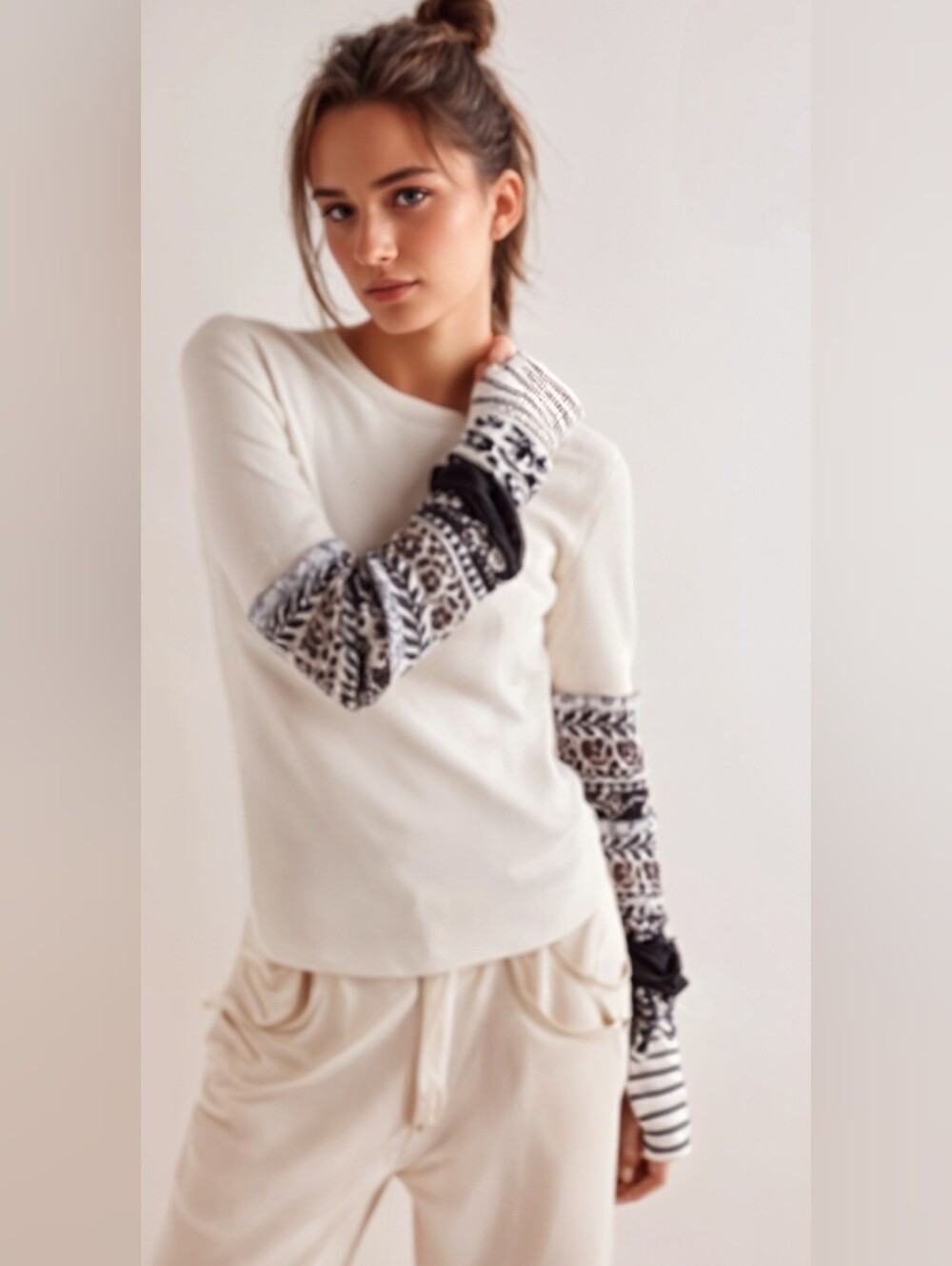 Free People We The Free All In Cream Thermal Top With Knit Mixed Media Sleeves